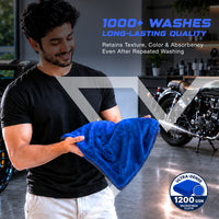 Nippon Paint FX10 Luxe Microfiber Cloth | 1200 GSM - Bike, Car, Home & Kitchen Use | Grey & Blue Edgeless Design With Plush Pile, Lint Free Cloth For Drying & Detailing
